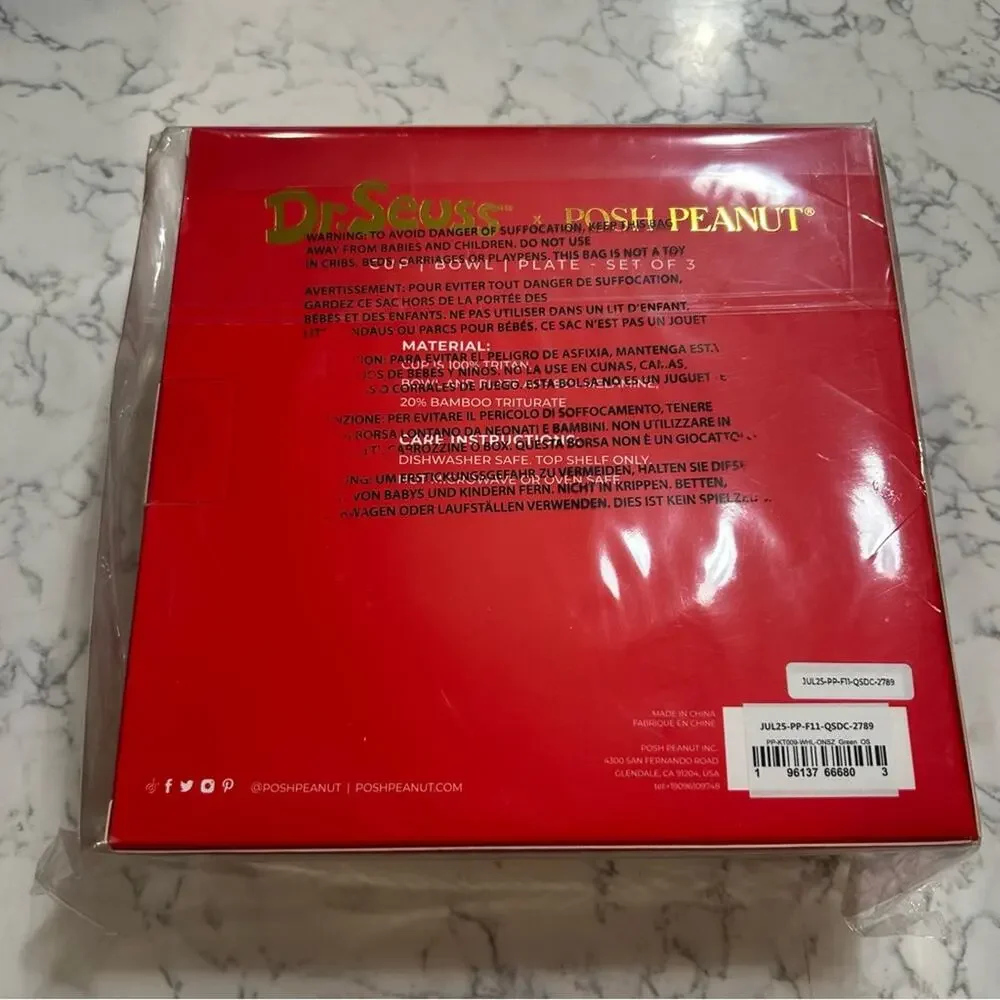 New in Box Posh Peanut X The Grinch Dr.Seuss 3‎ Piece Cup Bowl Plate Set